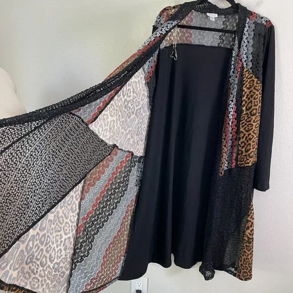 Avenue Womens Plus 26/28 Cardigan Duster Mix Media Animal Print Lace Mid Length - Picture 7 of 12